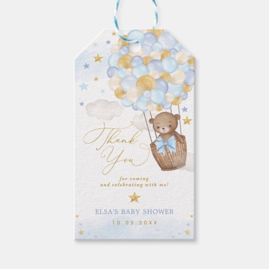 Blue Gold Teddy Bear Hot Air Ballon Clouds Stars Cadeaulabel (Voorkant)