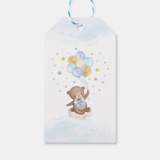 Blue Gold Teddy Bear Hot Air Ballon Clouds Stars Cadeaulabel (Achterkant)