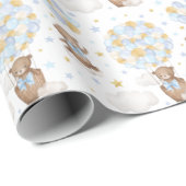 Blue Gold Teddy Bear Hot Air Ballon Clouds Stars Cadeaupapier (Rol Hoek)
