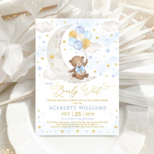 Blue Gold Teddy Bear Moon Stars Baby Boy Shower