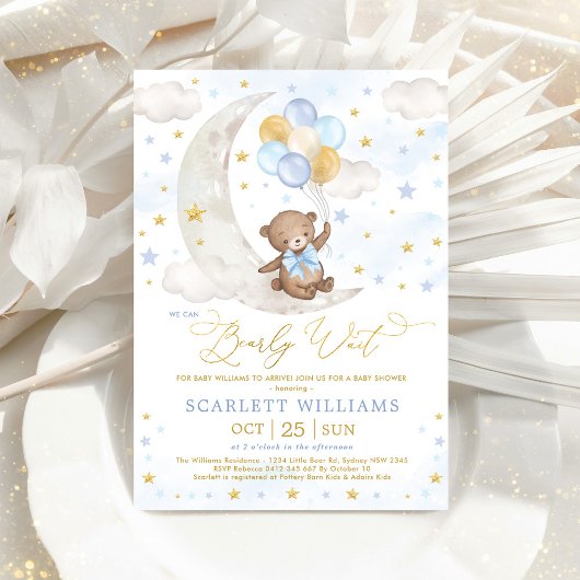 Blue Gold Teddy Bear Moon Stars Baby Boy Shower Kaart