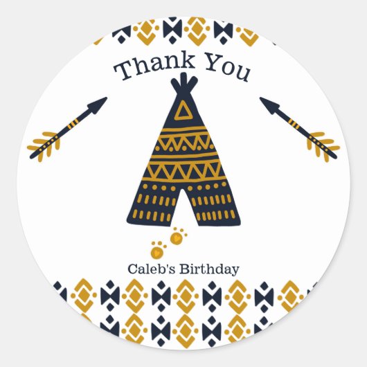 Blue & Gold Tepee Modern Birthday Party Favor Ronde Sticker (Voorkant)