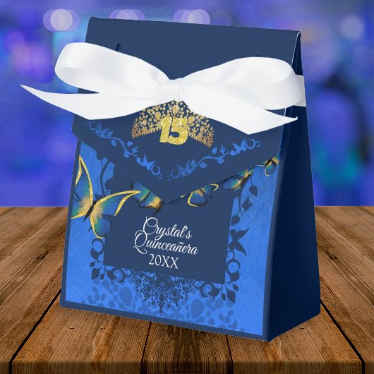 Blue, Gold Tiara Butterfly Quinceanera Favor Box Bedankdoosjes