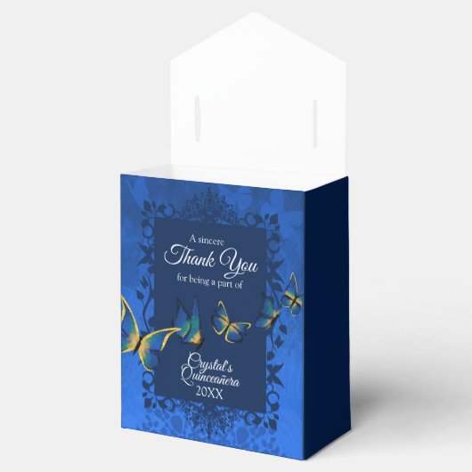 Blue, Gold Tiara Butterfly Quinceanera Favor Box Bedankdoosjes (Geopend)