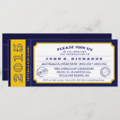 Blue & Gold Ticket Graduation Party Uitnodiging (Voorkant / Achterkant)