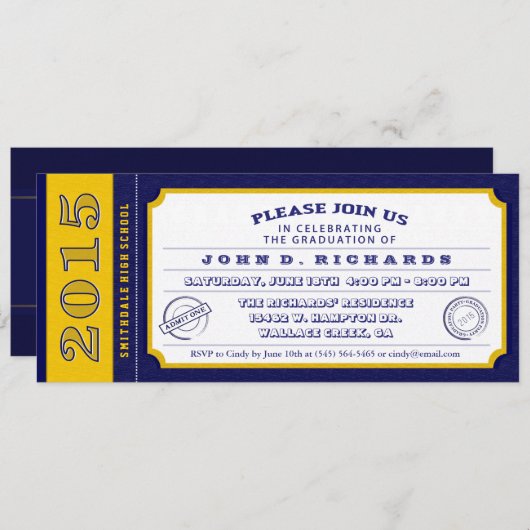 Blue & Gold Ticket Graduation Party Uitnodiging (Voorkant / Achterkant)