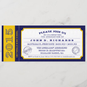 Blue & Gold Ticket Graduation Party Uitnodiging