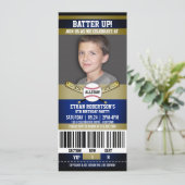 Blue|Gold Ticket Style Baseball Birthday Party Kaart (Staand voorkant)