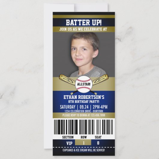 Blue|Gold Ticket Style Baseball Birthday Party Kaart (Voorkant)