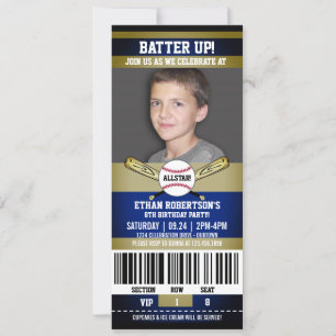 Blue Gold Ticket Style Baseball Birthday Party Kaart