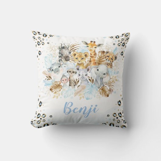 Blue Gold Tropical Oerwoud Safari Animals Nursery Kussen (Voorkant)