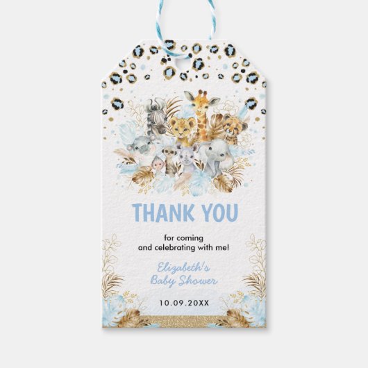 Blue Gold Tropical Safari Animals Boy Baby shower Cadeaulabel (Voorkant)