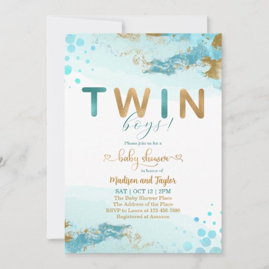 Blue Gold Twin Boy Baby shower Uitnodiging (Voorkant)