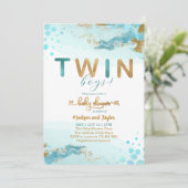 Blue Gold Twin Boy Baby shower Uitnodiging (Staand voorkant)