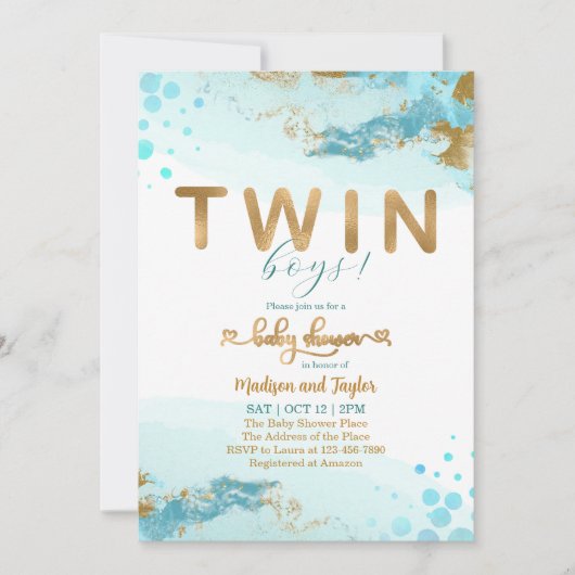 Blue Gold Twin Boy Baby shower Uitnodiging (Voorkant)