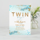 Blue Gold Twin Boy Baby shower Uitnodiging (Staand voorkant)