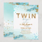 Blue Gold Twin Boy Baby shower Uitnodiging (Voorkant / Achterkant)
