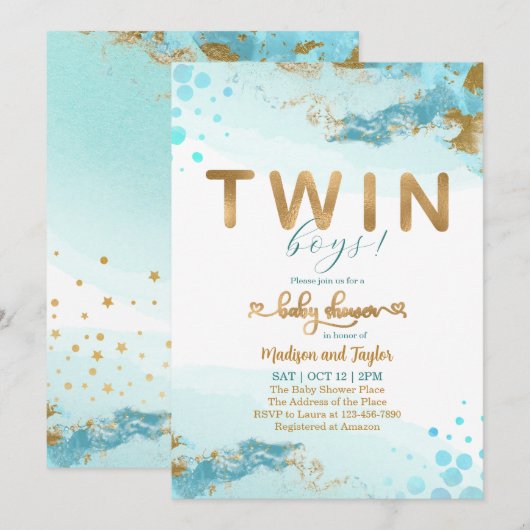 Blue Gold Twin Boy Baby shower Uitnodiging (Voorkant / Achterkant)