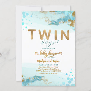 Blue Gold Twin Boy Baby shower Uitnodiging