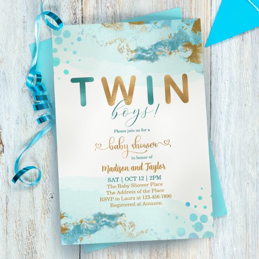 Blue Gold Twin Boy Baby shower Uitnodiging