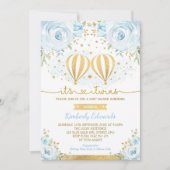 Blue Gold Twin Boys Hete Luchtballon Baby shower Kaart (Voorkant)