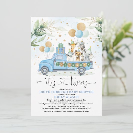 Blue Gold Twin Boys Oerwoud Drive Thru Baby shower Kaart (Staand voorkant)