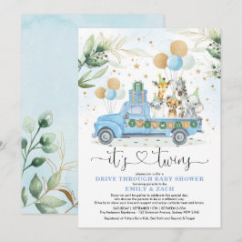 Blue Gold Twin Boys Oerwoud Drive Thru Baby shower Kaart