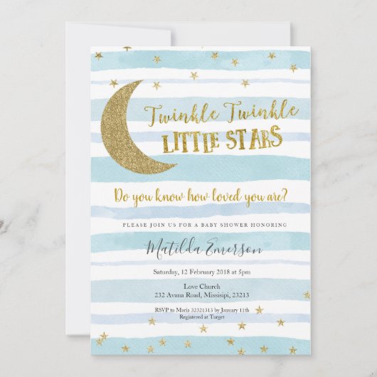 Blue Gold Twinkle Little Star Baby shower Kaart (Voorkant)