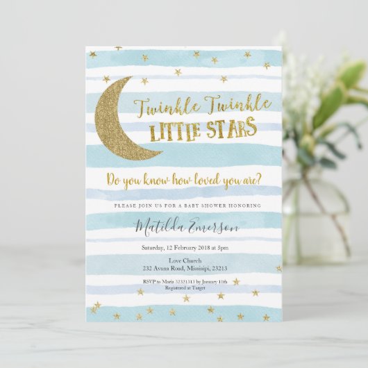 Blue Gold Twinkle Little Star Baby shower Kaart (Staand voorkant)