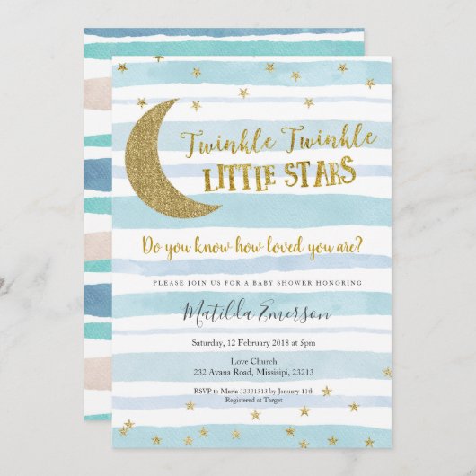 Blue Gold Twinkle Little Star Baby shower Kaart (Voorkant / Achterkant)