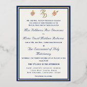 Blue & Gold Two Hearts Catholic Wedding Invitation Folie Uitnodiging (Voorkant)