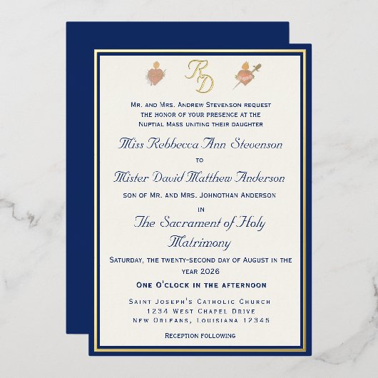 Blue & Gold Two Hearts Catholic Wedding Invitation Folie Uitnodiging (Voorkant / Achterkant)