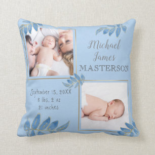 Blue Gold Two Photo Baby Boy Birth Stats Kussen