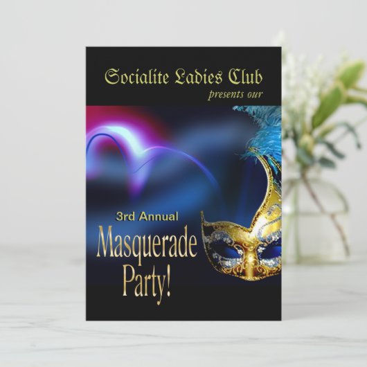 Blue & Gold Venetian Masquerade Costume Party Kaart (Staand voorkant)