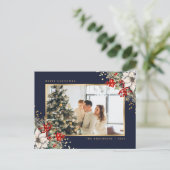 Blue Gold Watercolor Botanical Photo Christmas Feestdagenkaart (Staand voorkant)