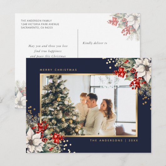 Blue Gold Watercolor Botanical Photo Christmas Feestdagenkaart (Voorkant / Achterkant)