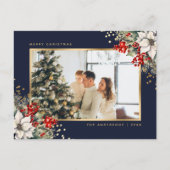 Blue Gold Watercolor Botanical Photo Christmas Feestdagenkaart (Voorkant)