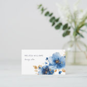 Blue Gold Watercolor Flowers Visitekaartje (Staand voorkant)