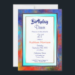 Blue Gold Waterverf 21st Birthday Dinner Invite Kaart<br><div class="desc">Een levendige moderne elegante blauw en goud omgeven blauw,  goud,  rode en oranje abstracte waterverf 21e verjaardag op uitnodiging van het diner.</div>