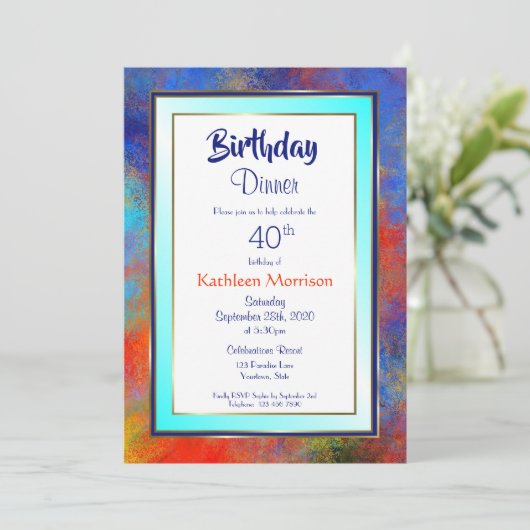Blue Gold Waterverf 40th Birthday Dinner Invite Kaart (Staand voorkant)