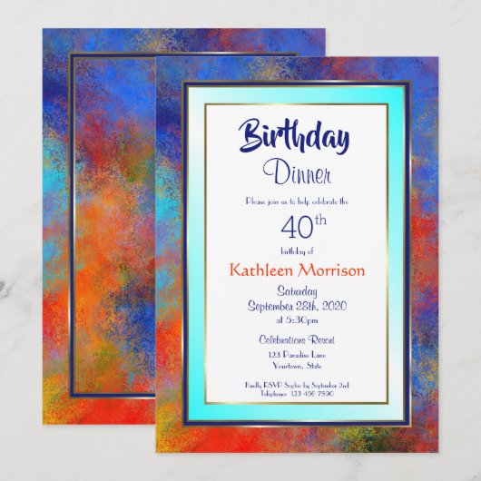 Blue Gold Waterverf 40th Birthday Dinner Invite Kaart (Voorkant / Achterkant)