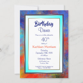 Blue Gold Waterverf 40th Birthday Dinner Invite Kaart