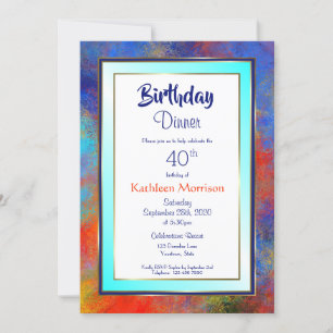 Blue Gold Waterverf 40th Birthday Dinner Invite Kaart