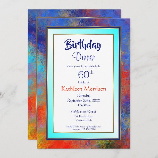 Blue Gold Waterverf 60th Birthday Dinner Invite Kaart (Voorkant / Achterkant)