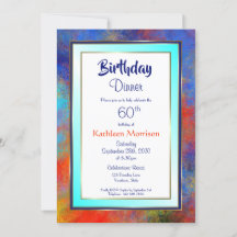 Blue Gold Waterverf 60th Birthday Dinner Invite