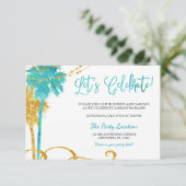 Blue Gold Waterverf Beach Bat Mitzvah Receptie Informatiekaartje (Staand voorkant)