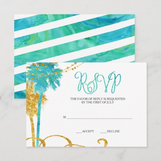 Blue Gold Waterverf Beach Bat Mitzvah RSVP Kaartje (Voorkant / Achterkant)