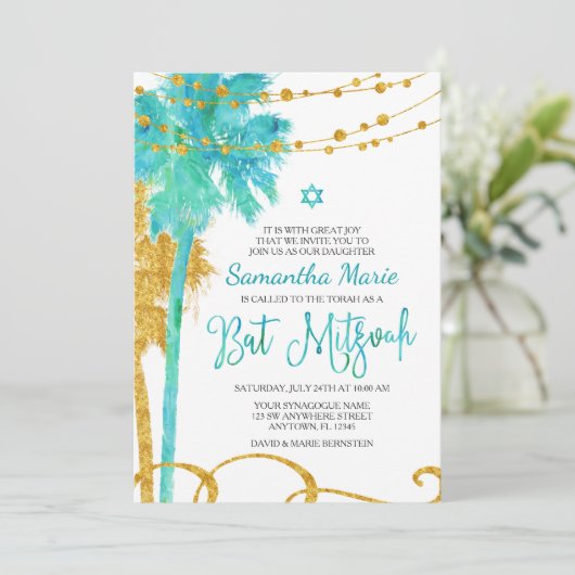 Blue Gold Waterverf Beach Bat Mitzvah-uitnodiginge Kaart (Staand voorkant)