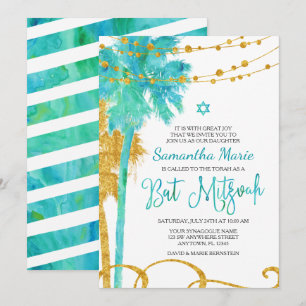 Blue Gold Waterverf Beach Bat Mitzvah-uitnodiginge Kaart