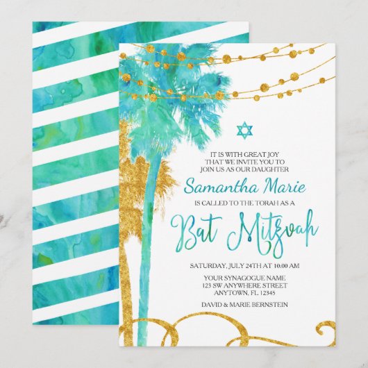 Blue Gold Waterverf Beach Bat Mitzvah-uitnodiginge Kaart (Voorkant / Achterkant)